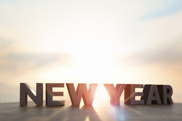 Bright rising sun and sunrise and shining hopeful new year start and beginning goal and commitment...