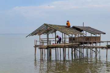 Two workers are building a relaxing place on the beach in Tanjung Baru, Karawang which is made of bamboo