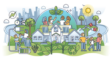 Sustainable ecosystem community and self sufficient living outline concept. Urban city with smart house residential area and green energy consumption as nature friendly solution vector illustration.