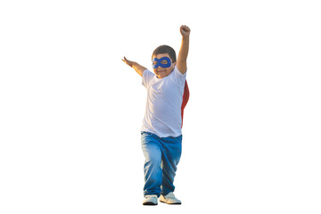 Portrait of adorable kid boy having fun outdoor. Little child play superhero