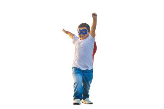 Portrait of adorable kid boy having fun outdoor. Little child play superhero