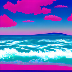 Obraz na płótnie Canvas Sunset Blue Sea Waves - 2d Flat Art