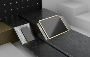 A tablet and a cell phone with a blank screen sitting next to each other on a metal stand with a grunge surface in a perspective view. 3d rendering