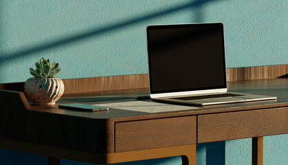 An opened laptop computer on a wooden table with sunlit and shadow on the green wall background. 3d illustration