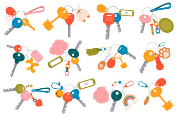 Keys with accessories flat icons set. Vector illustration