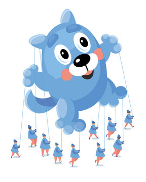 Cute dog balloon and people in uniform at the parade. Holiday, carnival. Funny isolated cartoon style characters on white background. Vector illustration.
