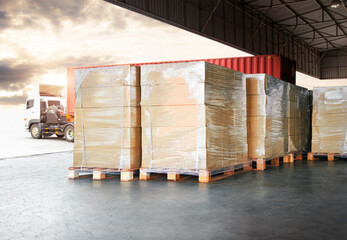 Packaging Boxes Wrapped Plastic on Pallets Loading into Cargo Container. Delivery Shipping Trucks. Supply Chain Shipment Goods. Distribution Supplies Warehouse. Freight Truck Logistics Transport. 	

