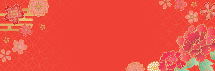 赤い花の和柄背景素材