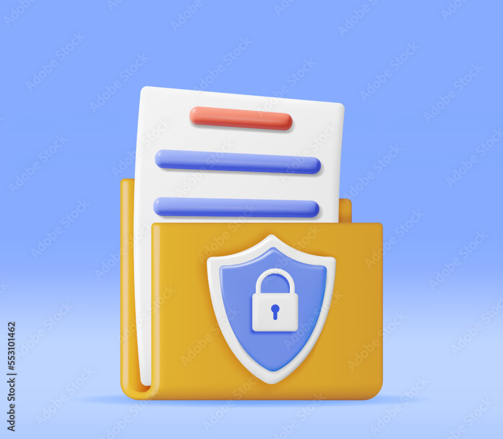 Poster 3d document folder with padlock in shield isolated. render folder and pad lock. concept of business 