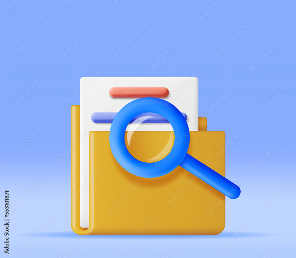 Poster 3d document folder with magnifying glass. render analysis of folder with loupe. focus research and o