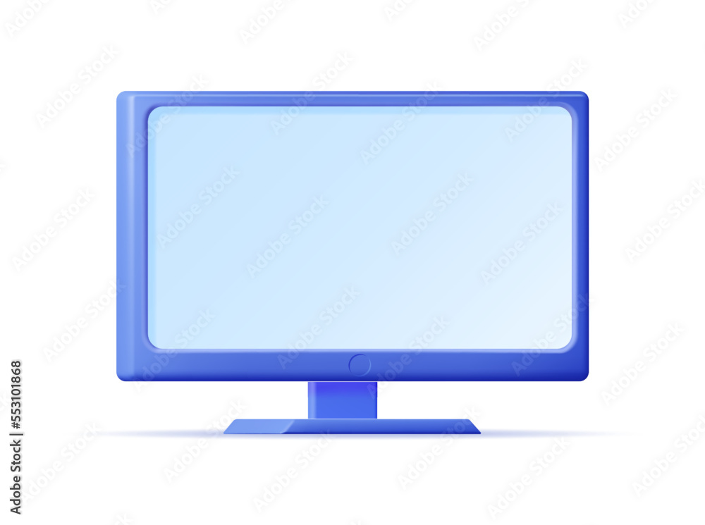 Poster 3d cartoon pc monitor isolated. render computer lcd display mock up with blank screen. flat tv icon.