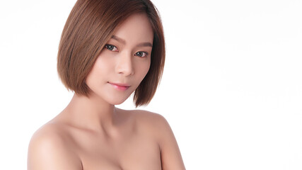 Beautiful young asian woman with clean fresh skin on white background, Face care, Facial treatment, Cosmetology, beauty and spa, Asian women portrait.
