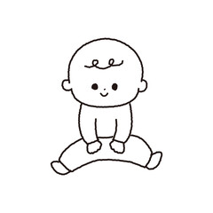 お座りして微笑んでいる赤ちゃんの白黒線画