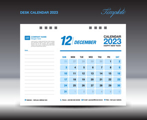 Desk calender 2023 design, December 2023 template, Calendar 2023 template, planner, simple, Wall calendar design, week starts on sunday, printing, advertiement, blue background, vector