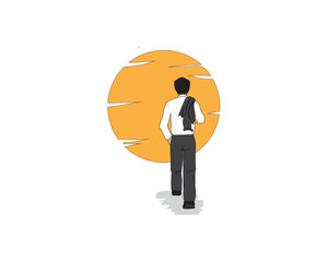 graphic design vector illustration of a man in black and white shirt who just got home from work is walking home hanging a coat over his shoulder he is walking towards the sunset