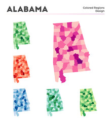 Alabama map collection. Borders of Alabama for your infographic. Colored us state regions. Vector illustration.