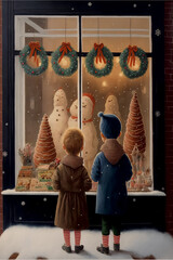 illustration of two kids looking in a shop window at Christmas time 