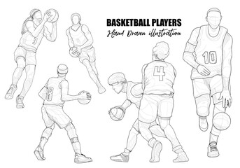 Fototapeta na wymiar Hand drawn illustration of basketball players set. sport vector sketch