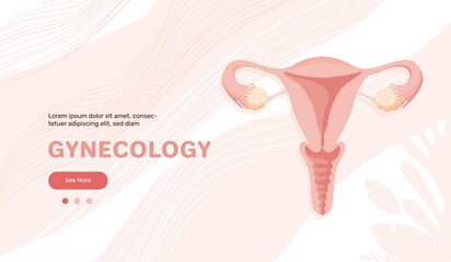 Landing page with uterus illustration, banner about women s health, menstruation or conception. Vector template with copy space, flat design.
