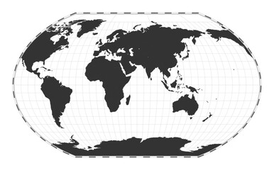 Vector world map. Kavrayskiy VII pseudocylindrical projection. Plan world geographical map with latitude/longitude lines. Centered to 60deg W longitude. Vector illustration.