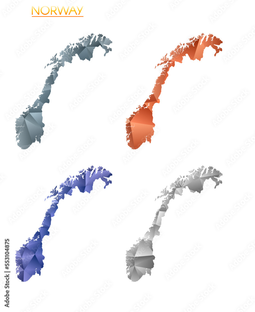 Poster set of vector polygonal maps of norway. bright gradient map of the country in a low poly style. mult