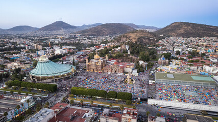 Aerial view of Basilica of Our Lady of Guadalupe. The old and the new Basilica. Basilica de Nuestra Señora Guadalupe, La Villa atrium. square. Mexico City