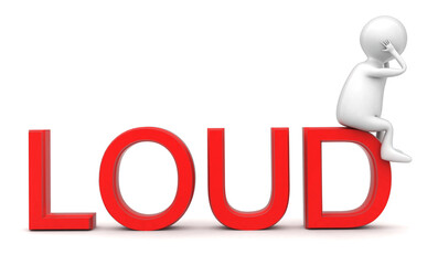 3d man having headache while sitting on loud text concept