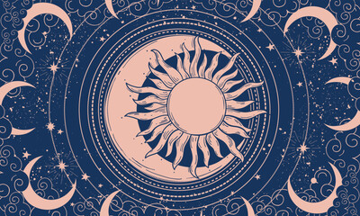 Celestial banner for astrology, background for tarot, concept of zodiac signs and prediction of the future. Boho ornament with sonnet and moon, mystical vector illustration.