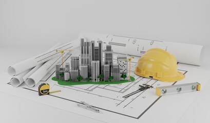 A model building on blueprints with equipment architect.3D rendering
