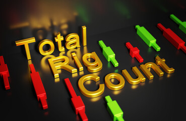 Total Rig Count sign on a dark background with charts of Japanese candlesticks, forecasting oil prices according to the economic calendar, 3d rendering