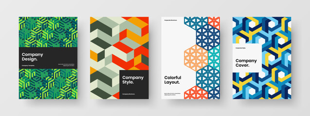 Trendy placard A4 vector design illustration set. Unique mosaic hexagons corporate cover layout bundle.