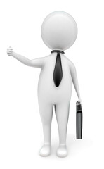 3d man wearing tie and holding briefcase,showing thumbs up concept