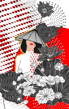 modern Vietnamese girl in ao dai dress with traditional hat next to black lotus flower and white lotus leaf