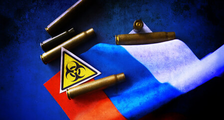 Abstract background concept Russian army. Russian flag and bullet casings on the table.