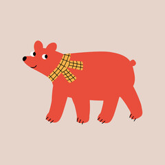 Cute red bear in yellow scarf hand drawn vector illustration. Isolated adorable Christmas animal in flat style for kids poster, icon or logo.