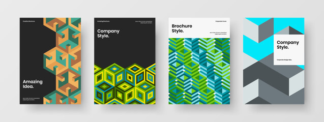 Simple booklet vector design illustration composition. Trendy mosaic hexagons postcard template bundle.