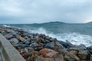  Marmara sea and Princes' Islands  view in stormy weather in the evening. Istanbul. Turkey.