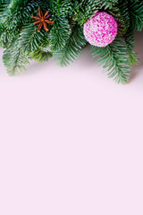 pink background with fir branches and christmas ball with place for text