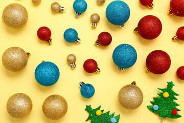 Colorful Christmas balls on color background