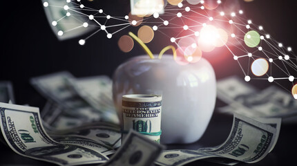 Us business concept. New york big apple. Apple on table with money, dollars banknotes.