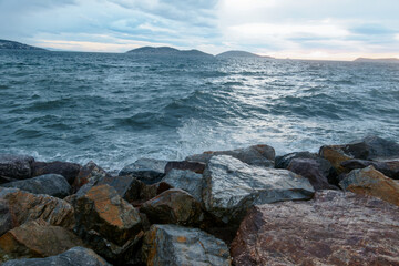  Marmara sea and Princes' Islands  view in stormy weather in the evening. Istanbul. Turkey.