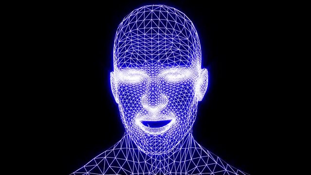 Talking mesh head. Speaking head with grid texture. Animated speaking mesh head. Speaking mesh mask.