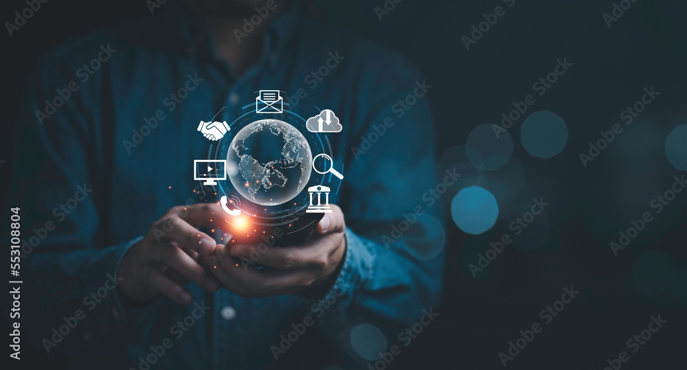 Poster businessman using smartphone with virtual world and tech icon such as cloud computing , financial ba