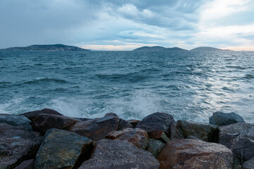  Marmara sea and Princes' Islands  view in stormy weather in the evening. Istanbul. Turkey.