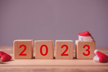 row of wood cube block with text 2023 for happy new year concept
