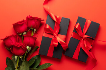 Valentines day card with gift boxes and rose flowers