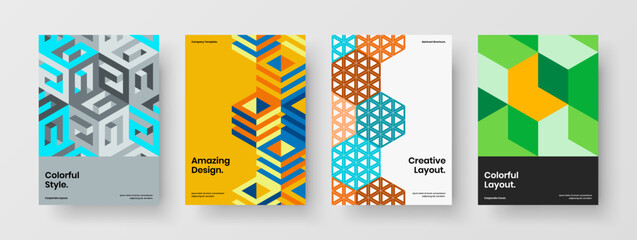 Isolated magazine cover design vector illustration bundle. Amazing mosaic hexagons annual report template collection.