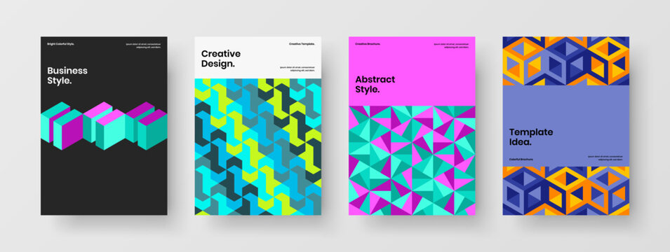 Multicolored brochure vector design illustration composition. Bright geometric hexagons presentation template collection.