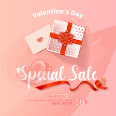 Fototapeta na wymiar Valentines day sale poster in pink tones with gift box and letter