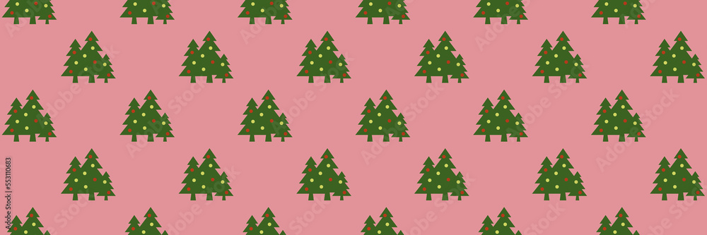 Wall mural pattern. image of green christmas trees with balls on purple red background. symbol of new year and 